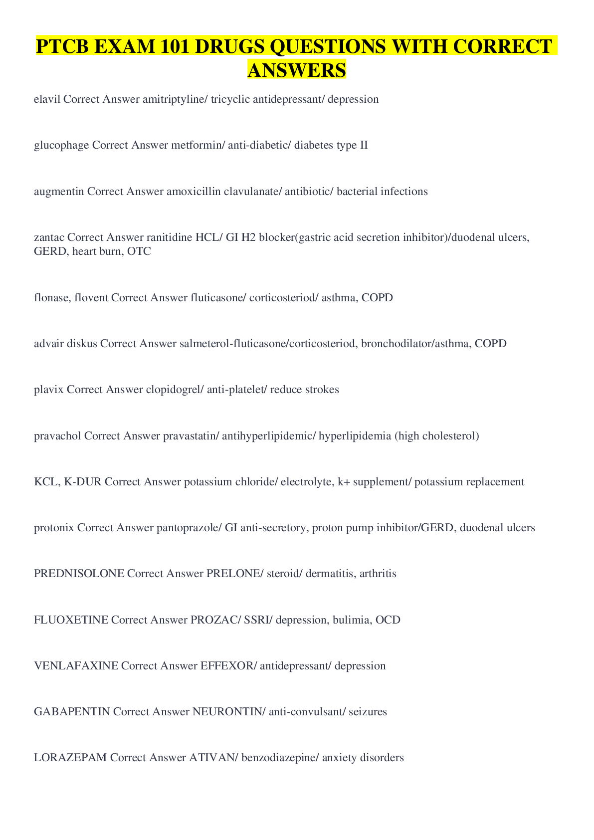 Preview image for PTCB EXAM 101 DRUGS QUESTIONS WITH CORRECT ANSWERS